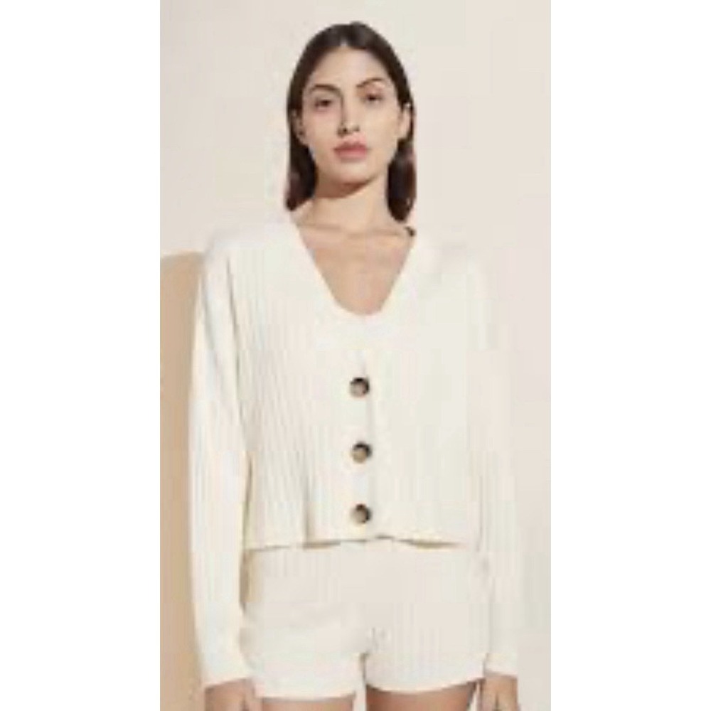 EBERJEY Ribbed Cropped Cardigan Sweater Ivory Heather Size XL